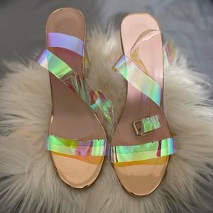 Iridescent Open Toe Two Part Chunky Heels